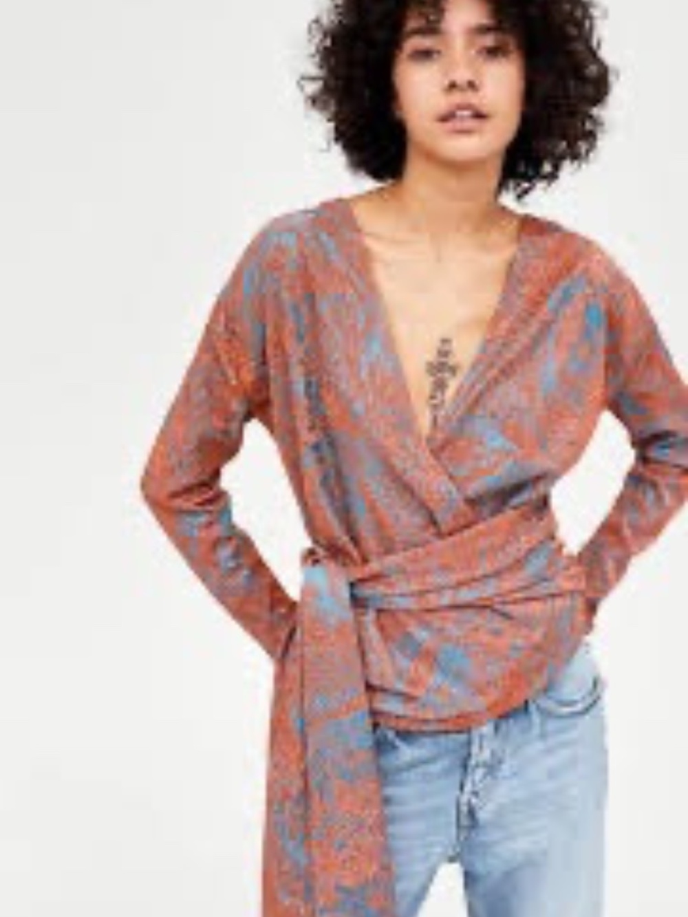 Zara Trafuluc Orange & Teal Metallic Deep Vneck Long Sleeve Faux Wrap Top SZ M